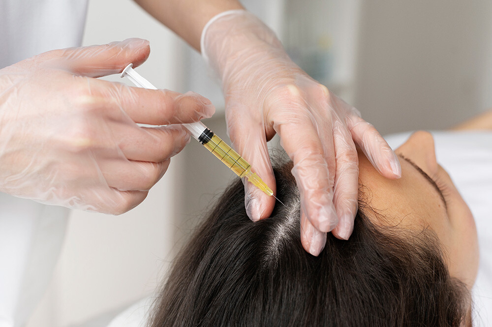 mujer alto angulo recibiendo tratamiento prp cuero cabelludo